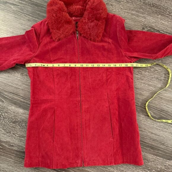 Centigrade Leather Red Faux Fur Collar Leather Zip Up Jacket - Picture 7 of 9